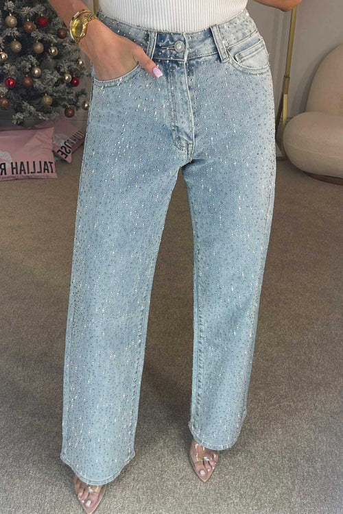 High-Waisted Diamanté Straight-Leg Jeans