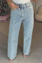High-Waisted Diamanté Straight-Leg Jeans