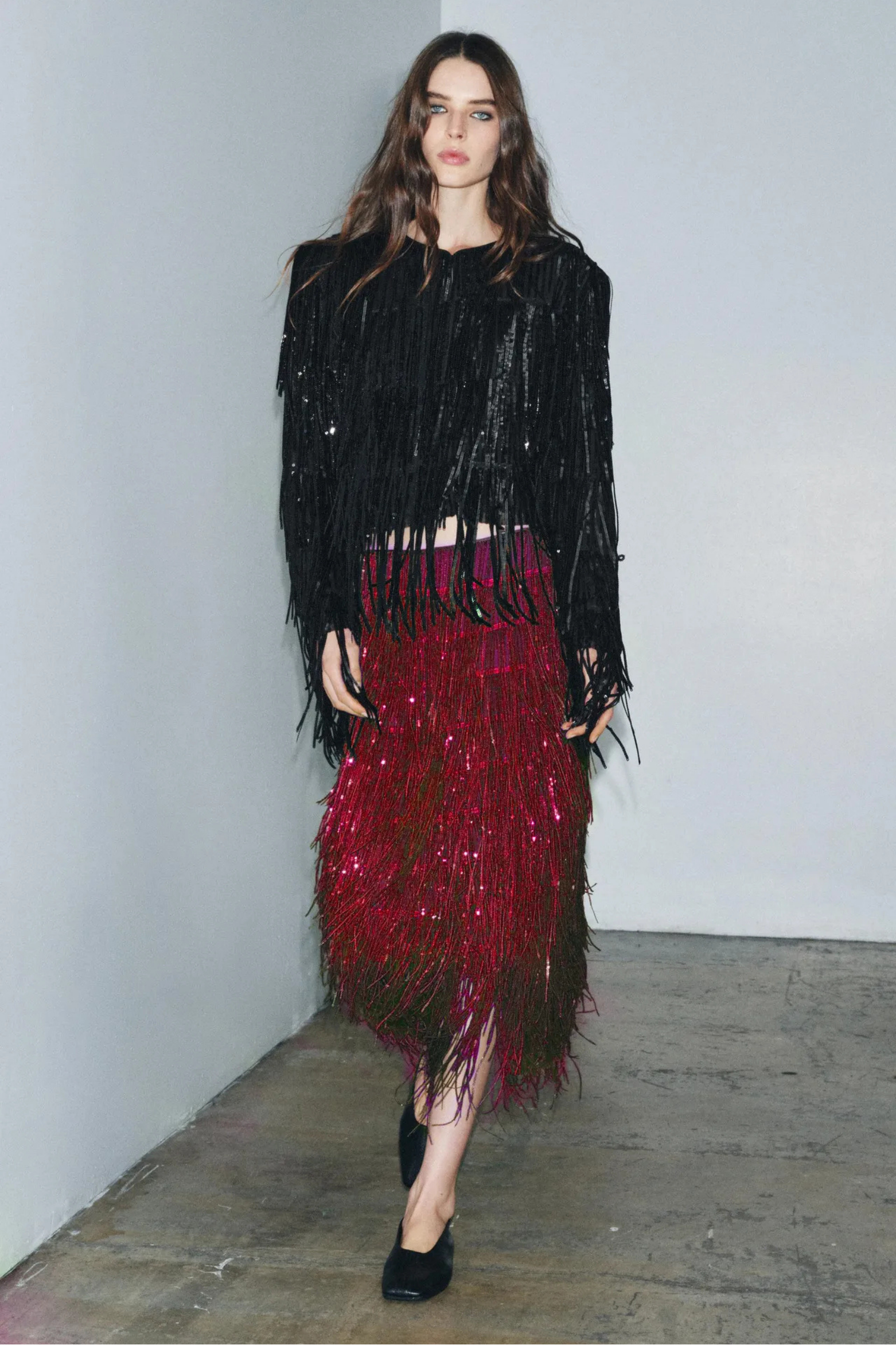 Layered Sequin Tassel Midi Skirt