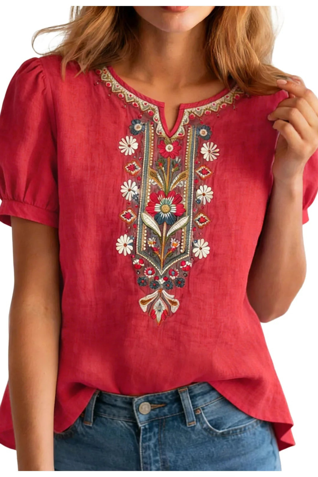 Women's Brielle Floral Embroidered Linen Blend Blouse