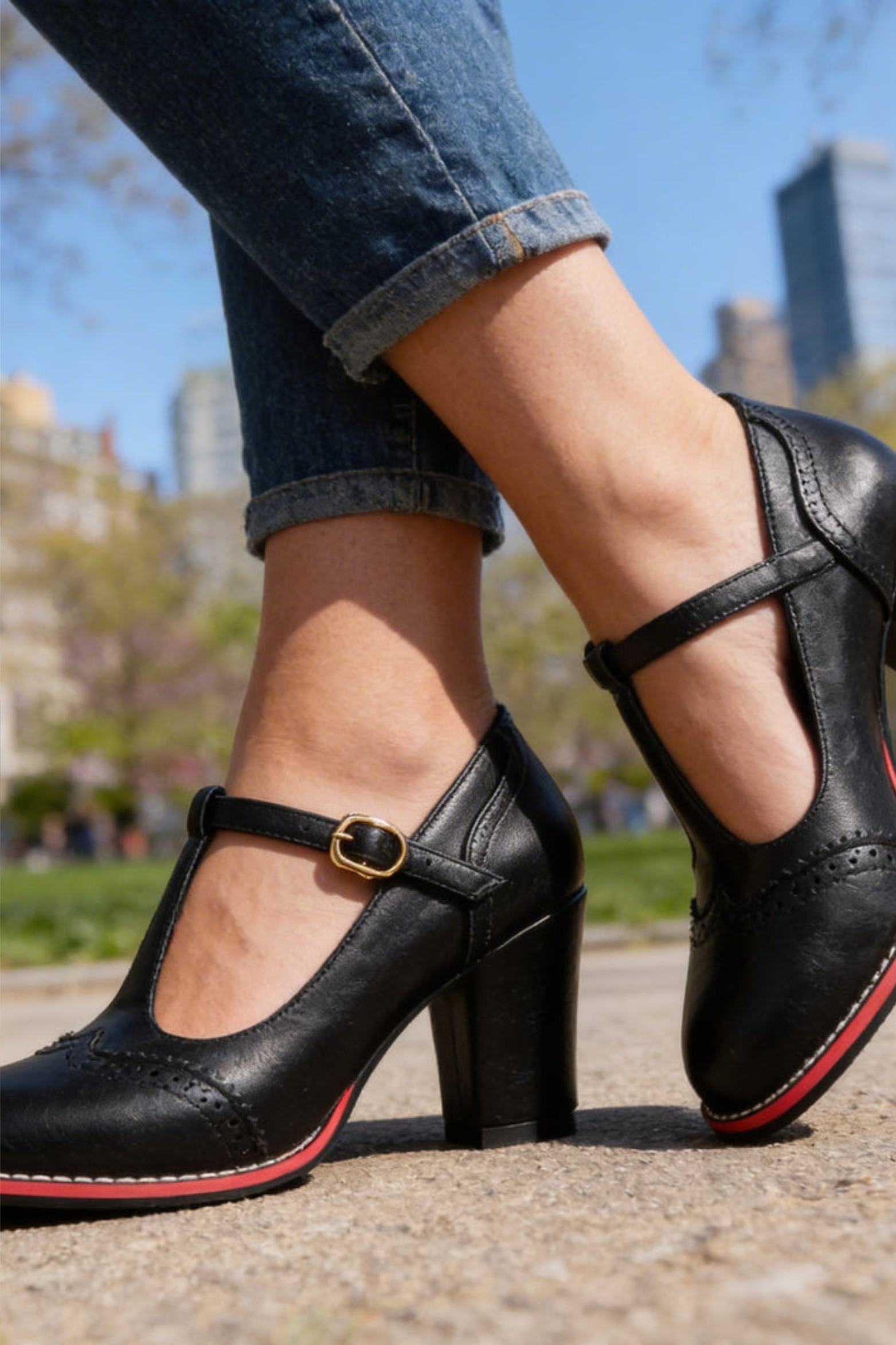 Brogue T Strap Block Heel Pumps