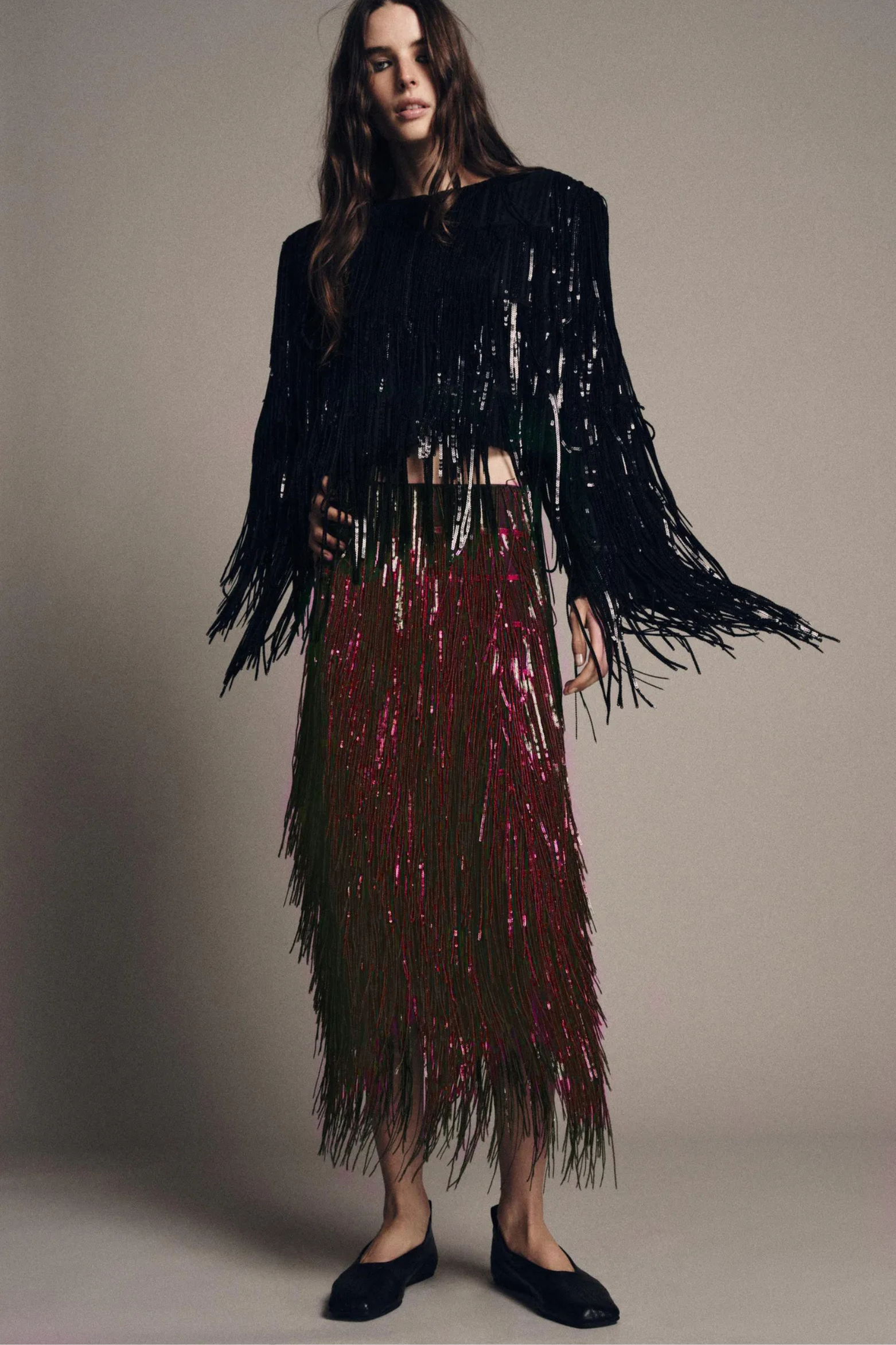 Layered Sequin Tassel Midi Skirt