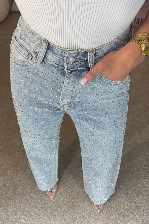 High-Waisted Diamanté Straight-Leg Jeans