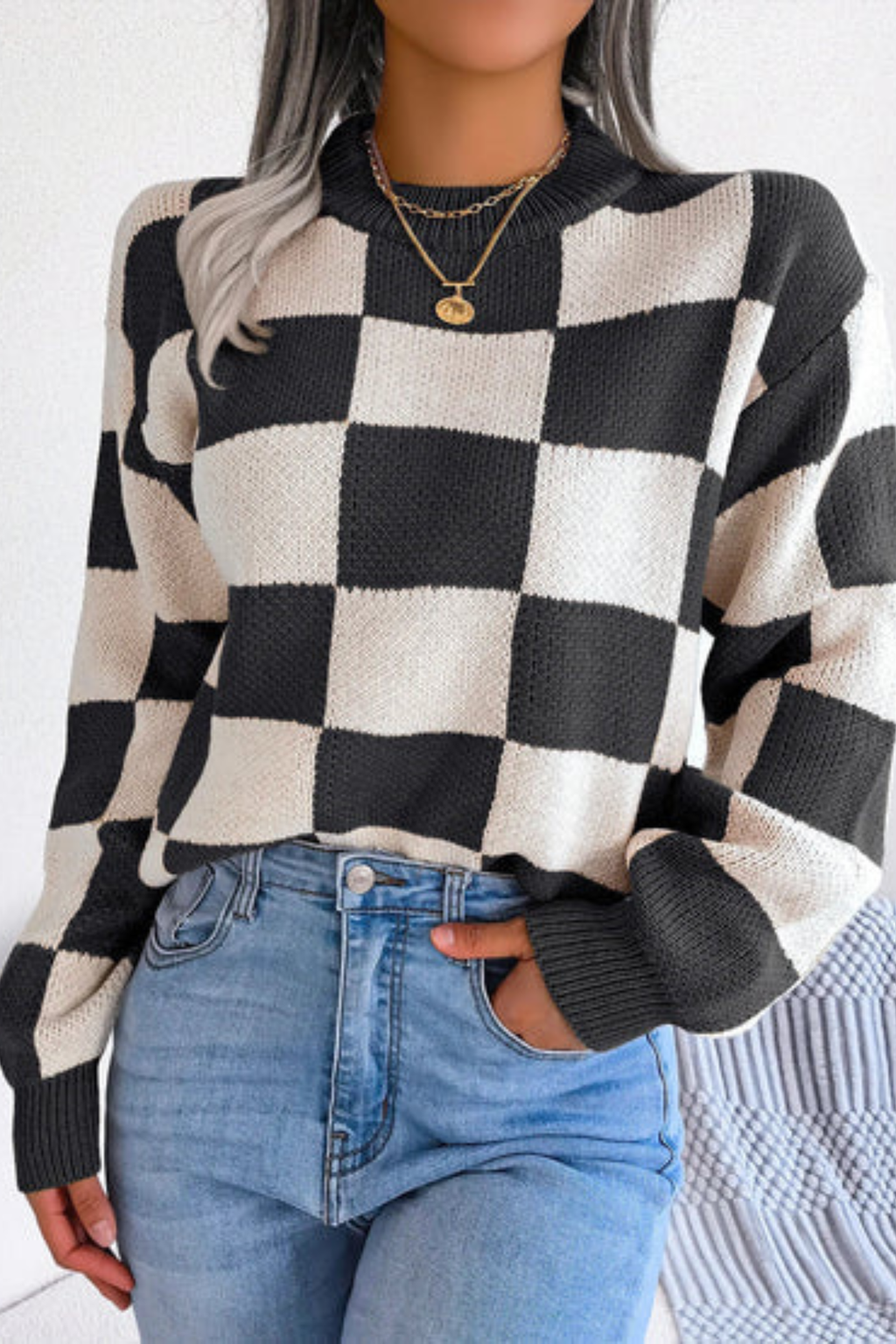 Women's Checkered Knit Pullover Sweater