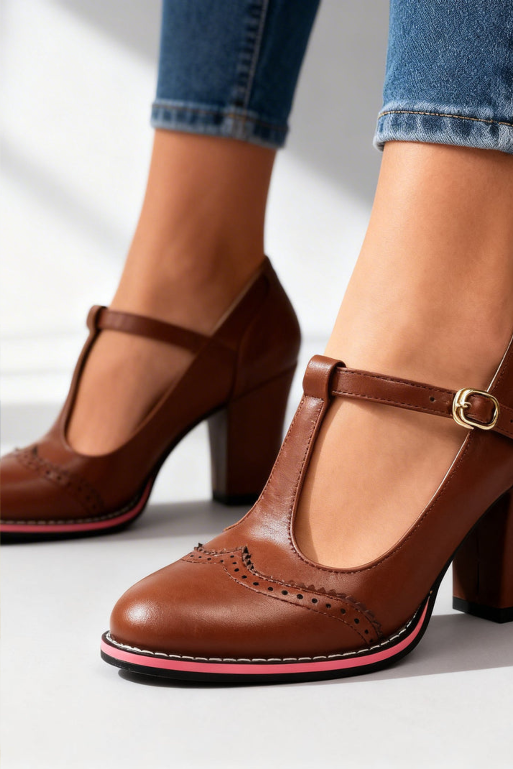 Brogue T Strap Block Heel Pumps