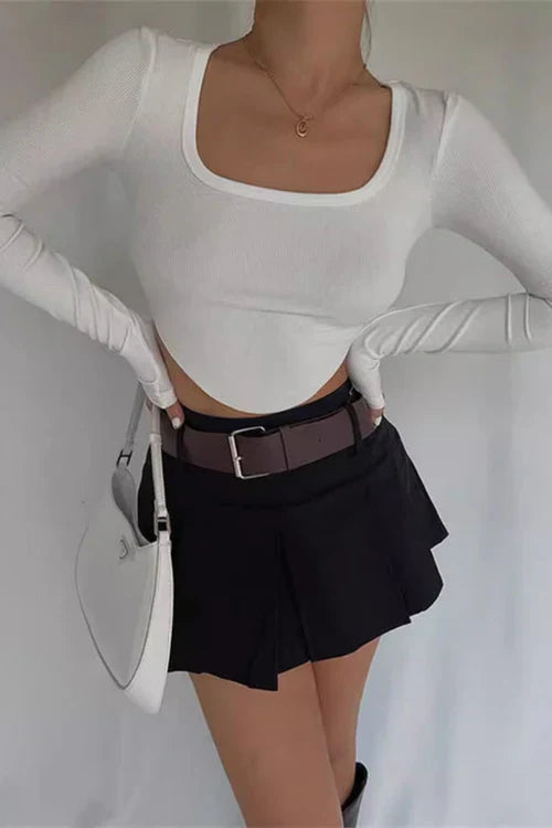 Square-Neck Irregular Hem Long-Sleeve Base Shirt