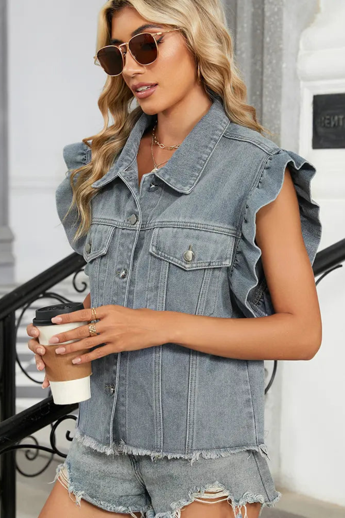 Washed Ruffle Edge Layering Vest