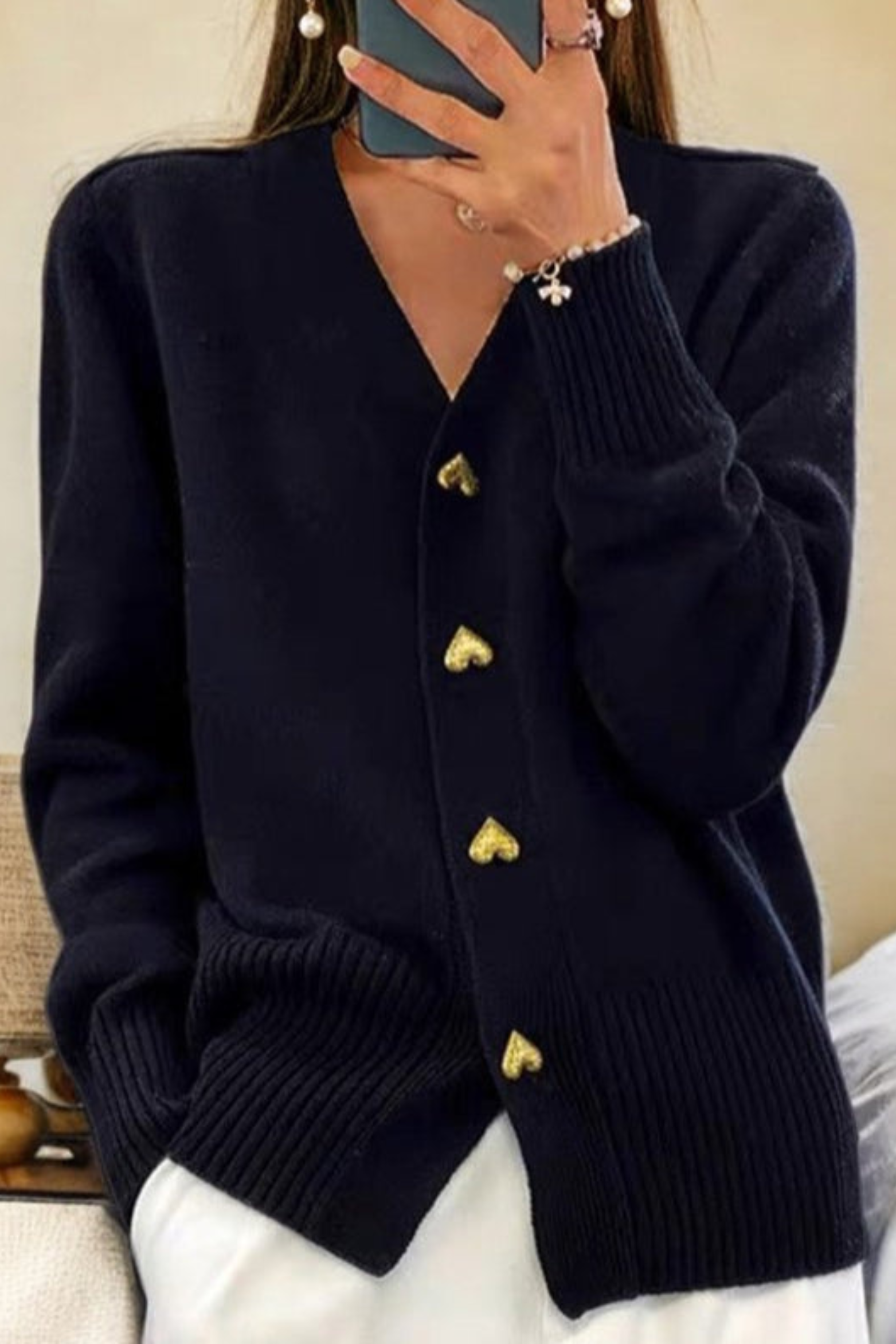 Heart Button V-Neck Cardigan Sweater