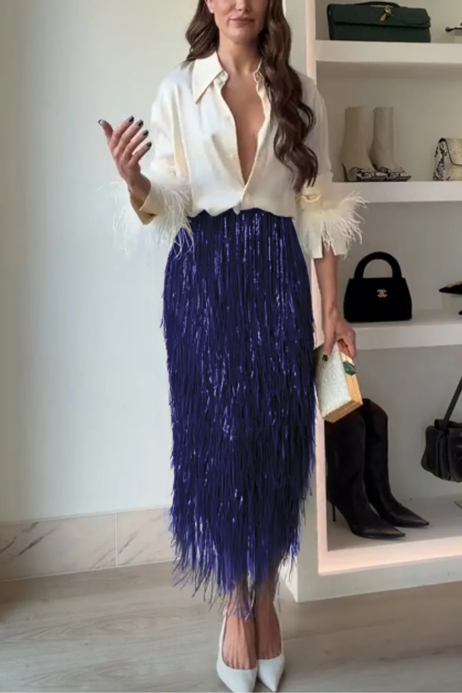Layered Sequin Tassel Midi Skirt