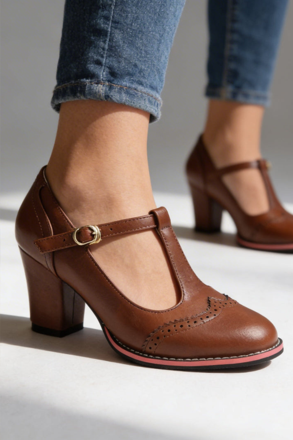 Brogue T Strap Block Heel Pumps