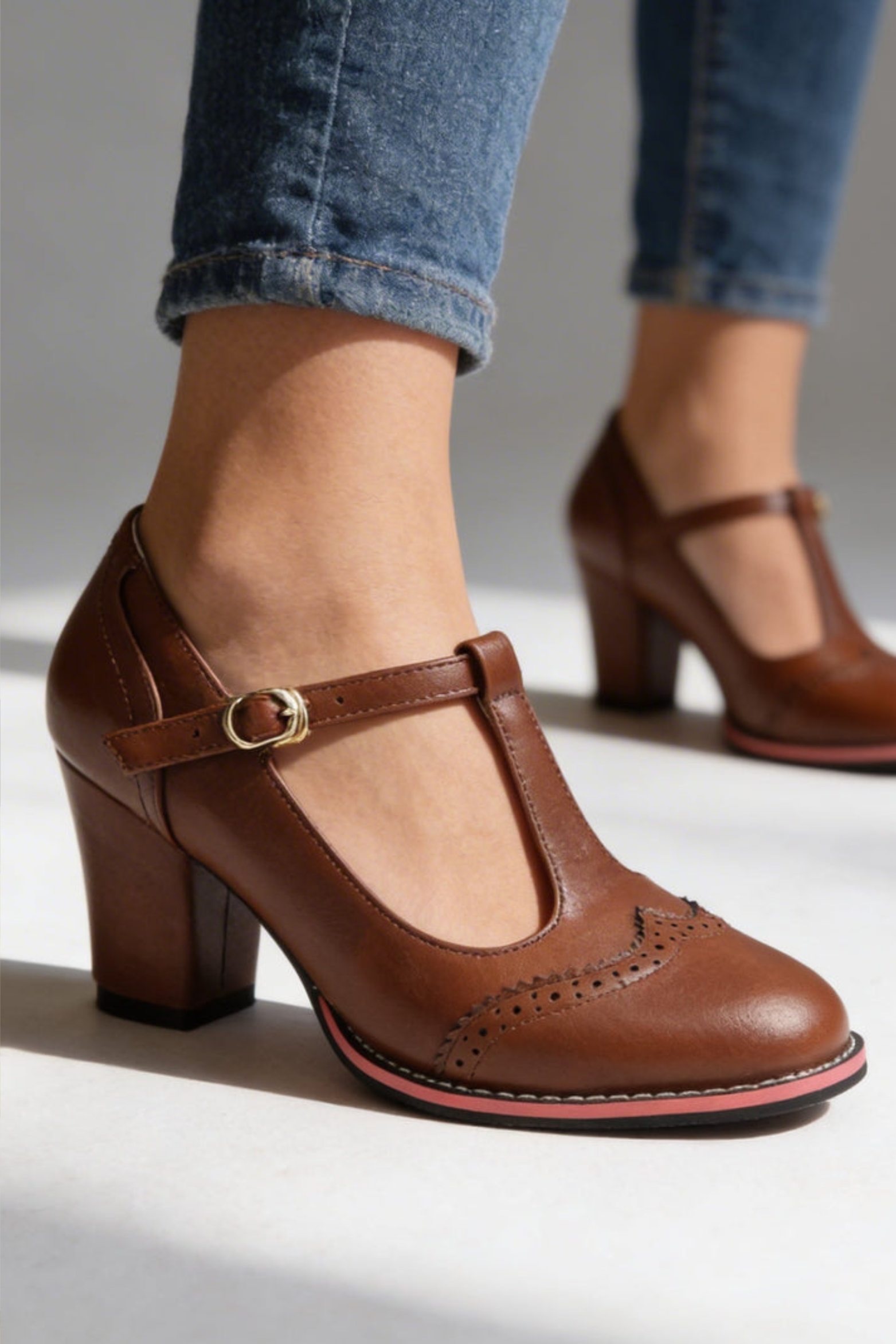 Brogue T Strap Block Heel Pumps