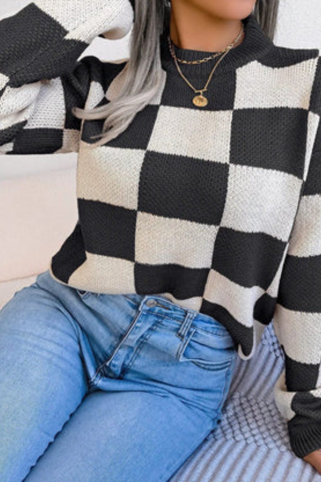 Women's Checkered Knit Pullover Sweater