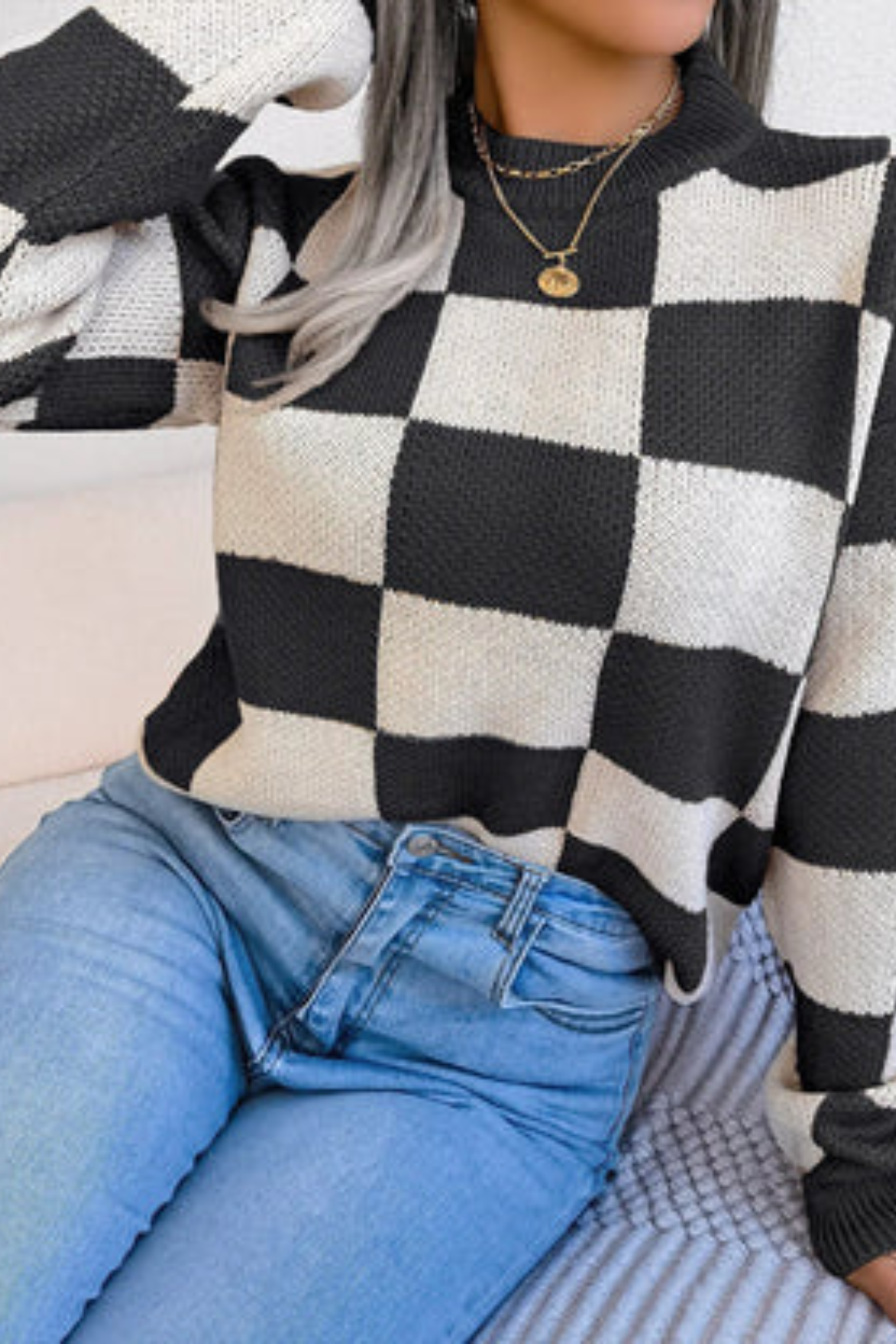 Women's Checkered Knit Pullover Sweater