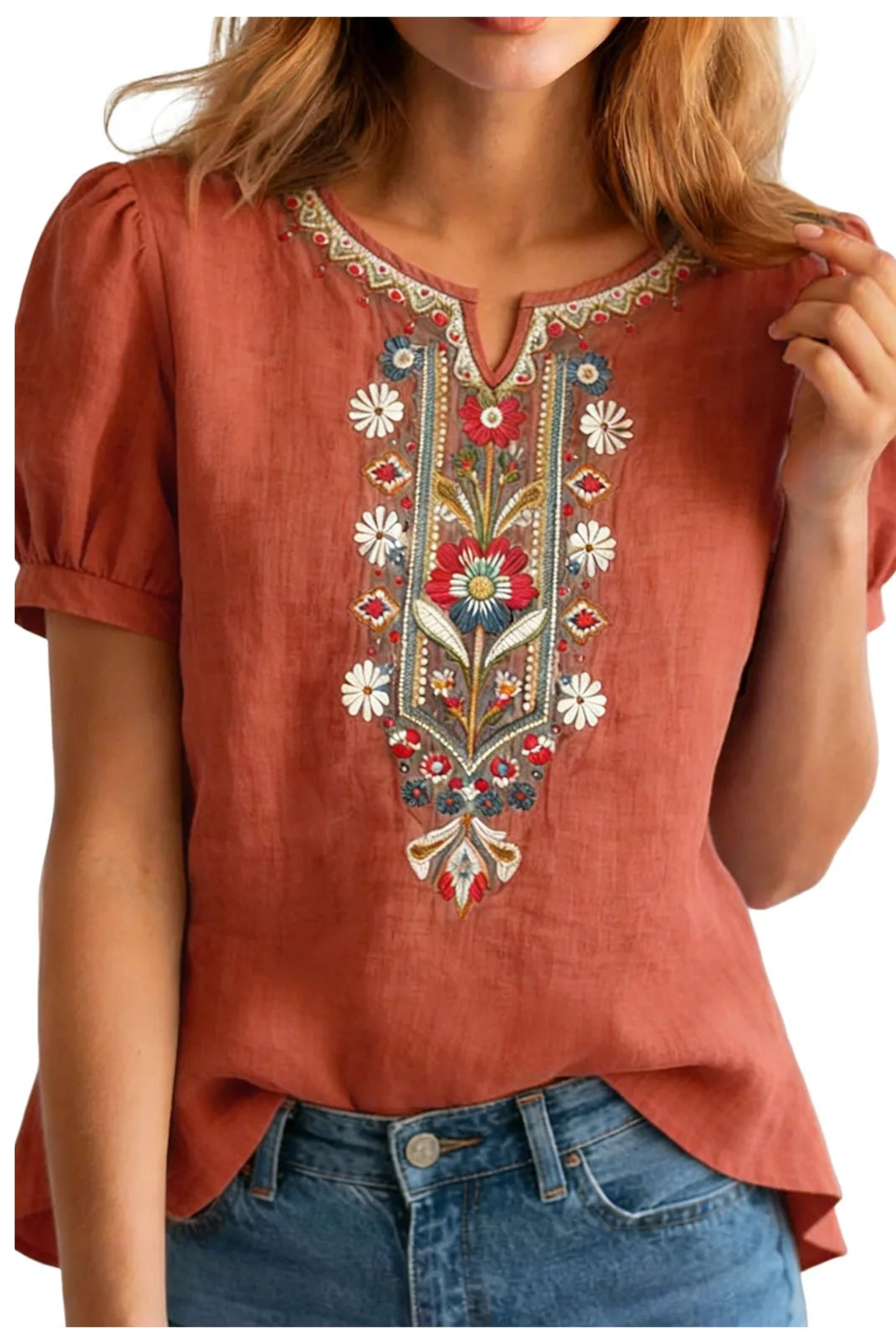 Women's Brielle Floral Embroidered Linen Blend Blouse