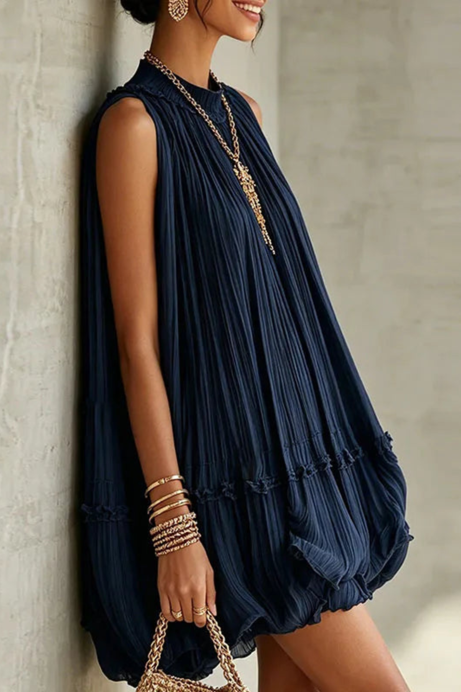 Sunlit Whisper Pleated Mini Dress