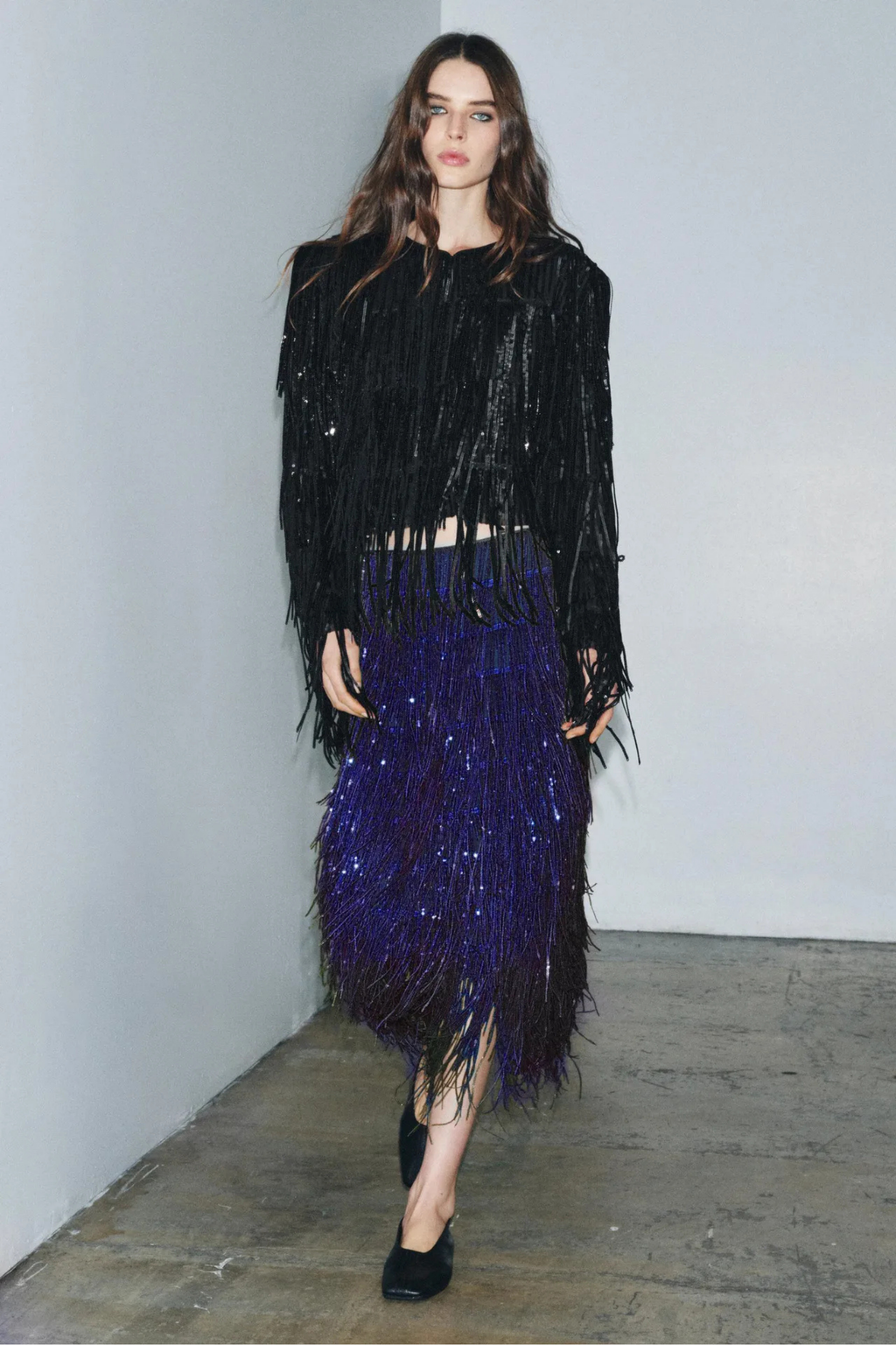 Layered Sequin Tassel Midi Skirt