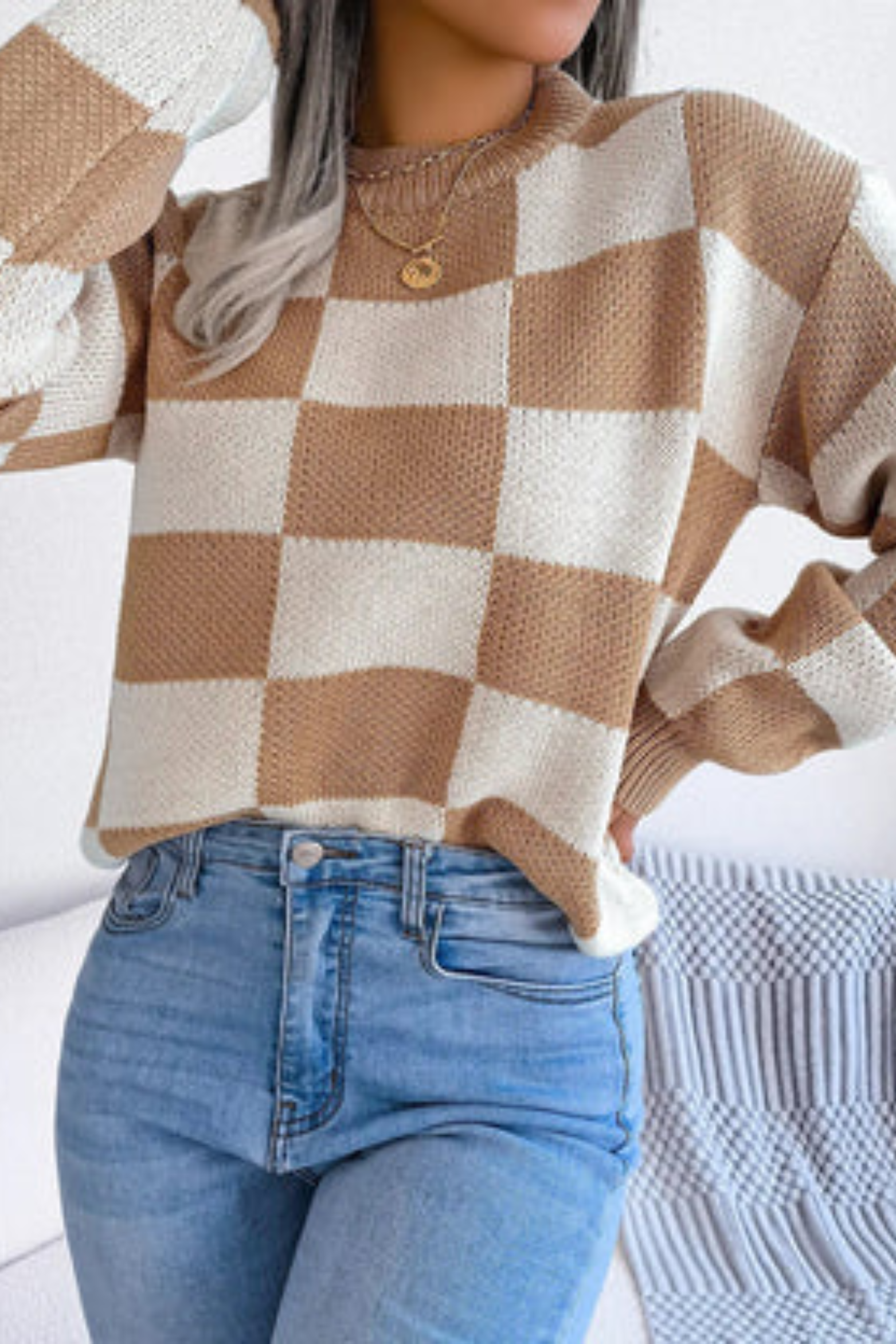 Women's Checkered Knit Pullover Sweater