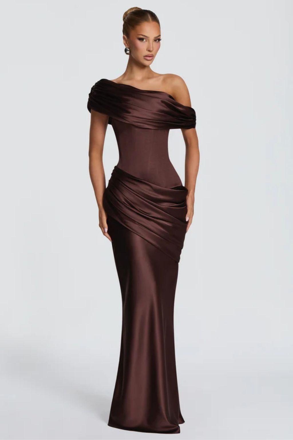 Asymmetric Off Shoulder Drape Maxi Dress