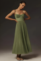 Bustier Pleated Tulle Midi Dress