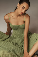 Bustier Pleated Tulle Midi Dress