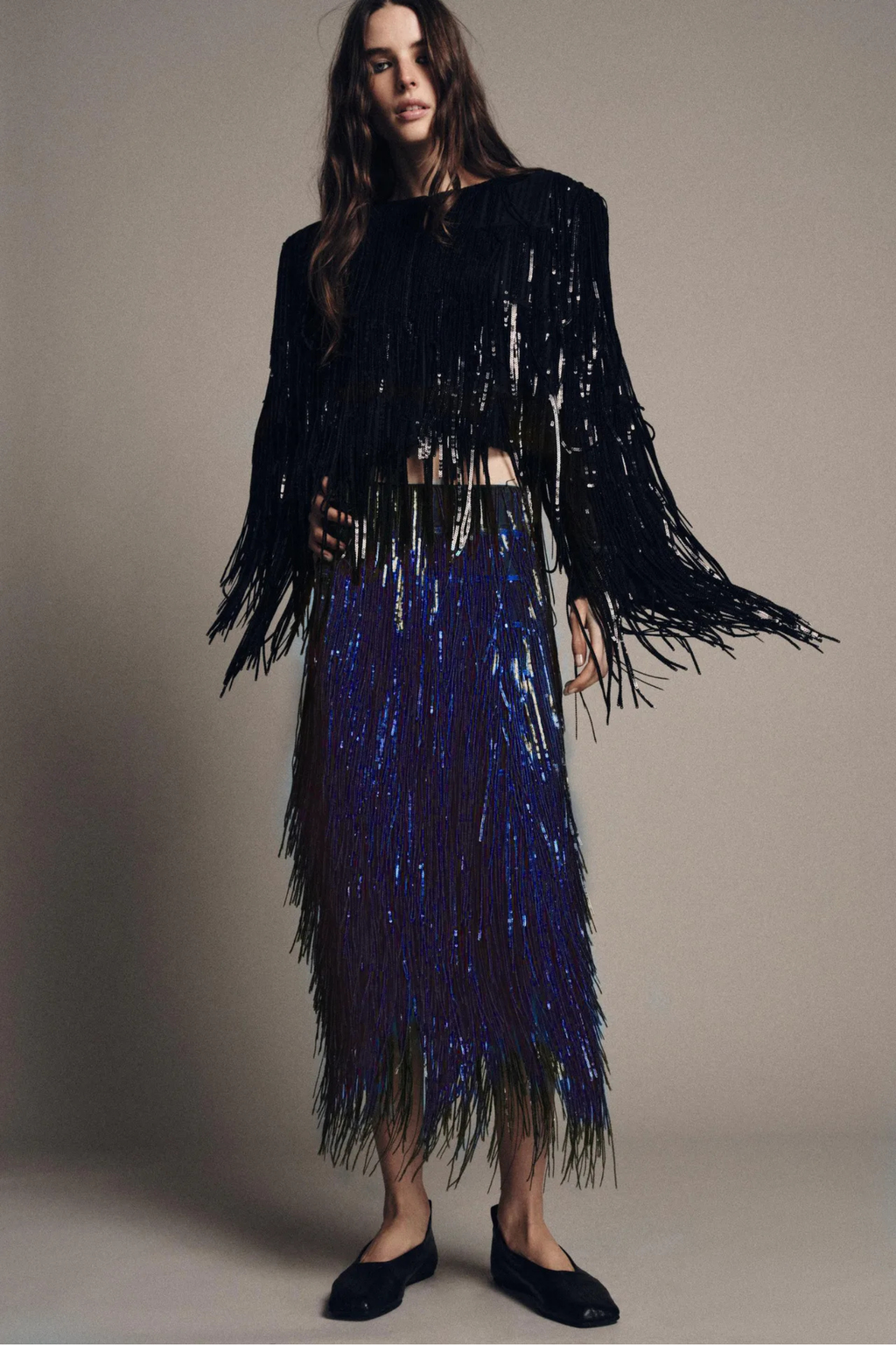 Layered Sequin Tassel Midi Skirt