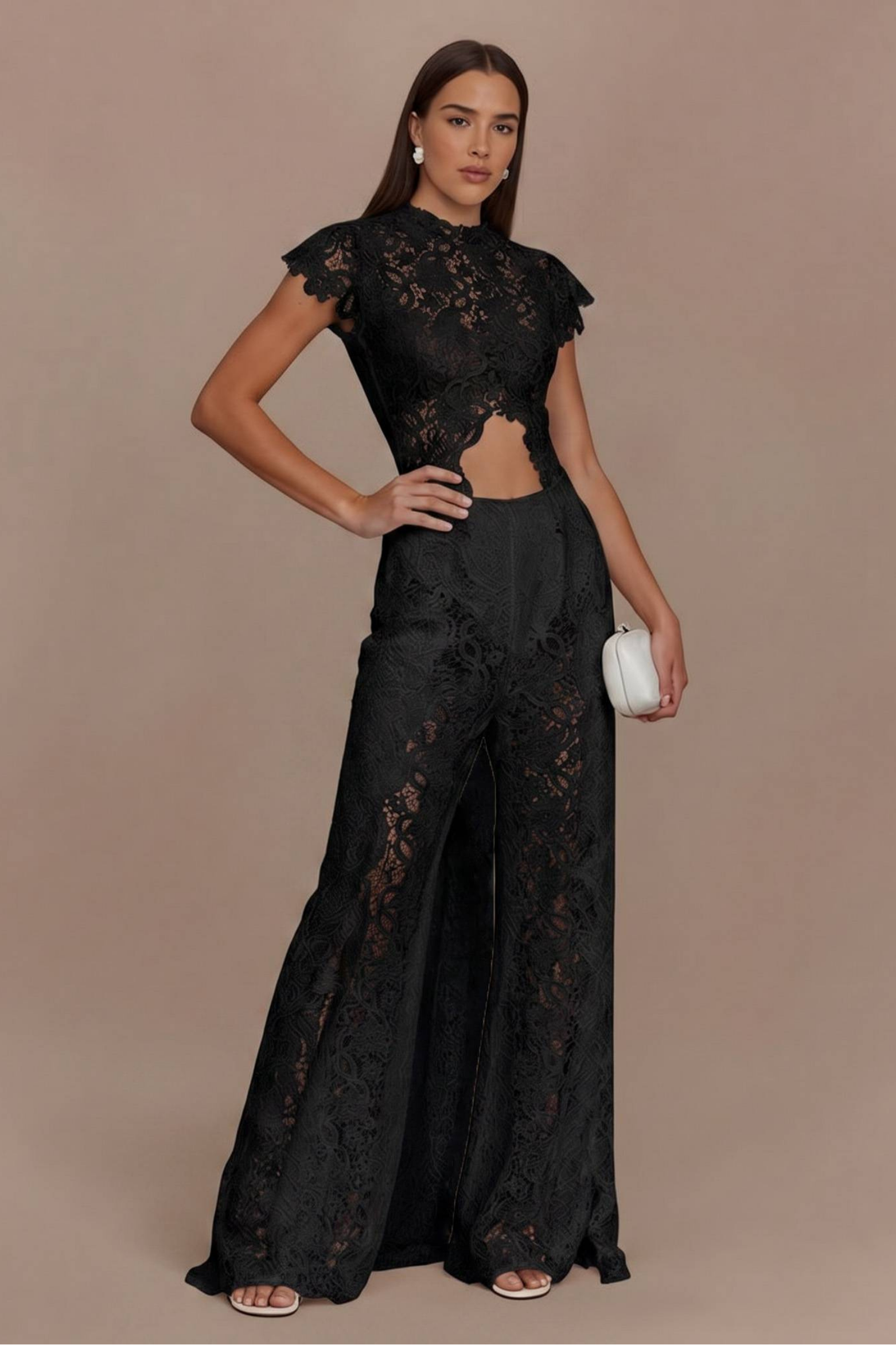 Lace Long Sleeve Wide Leg Pants Set