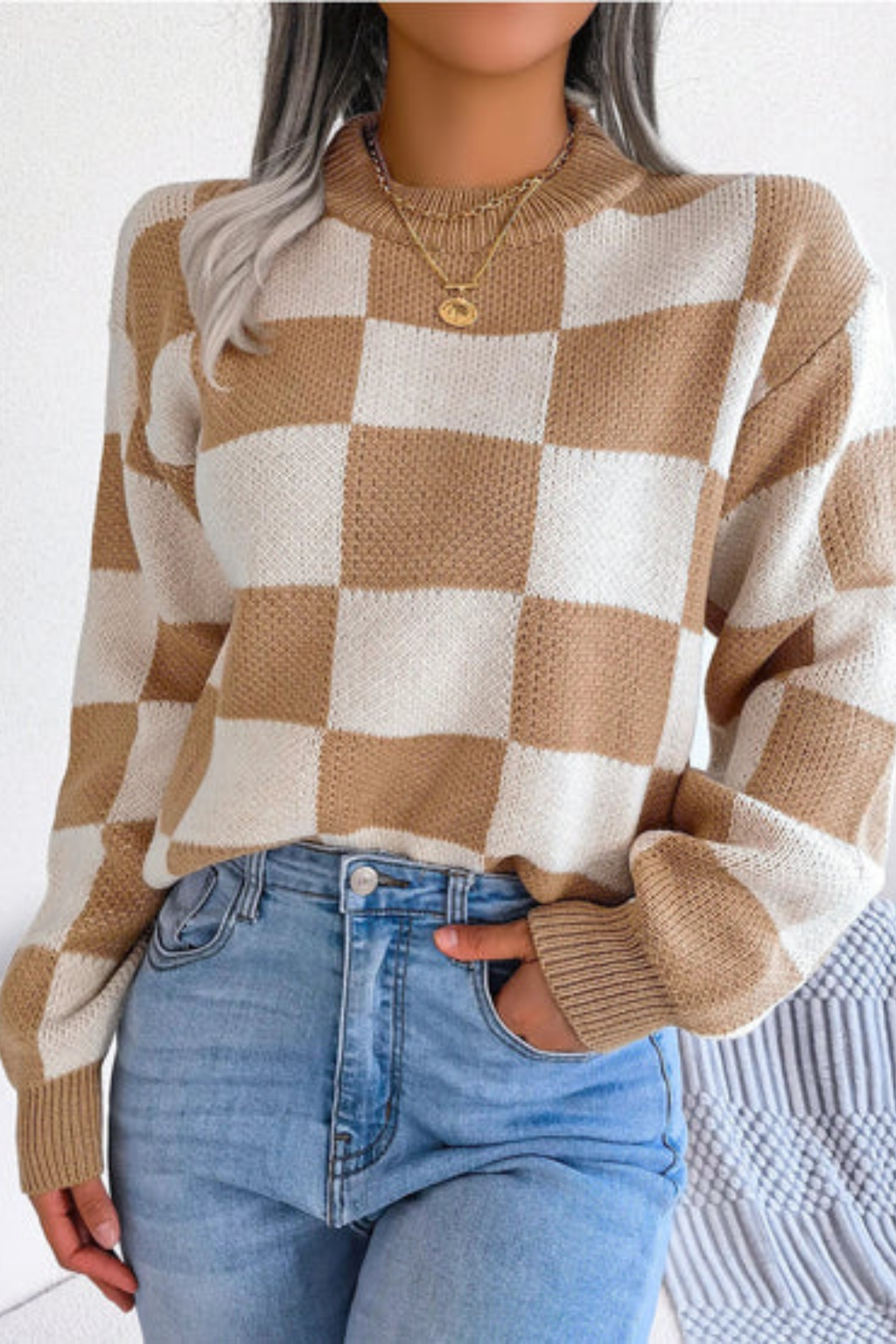 Women's Checkered Knit Pullover Sweater