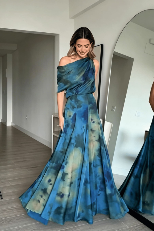 Abstract Draped One Shoulder Skirt Set