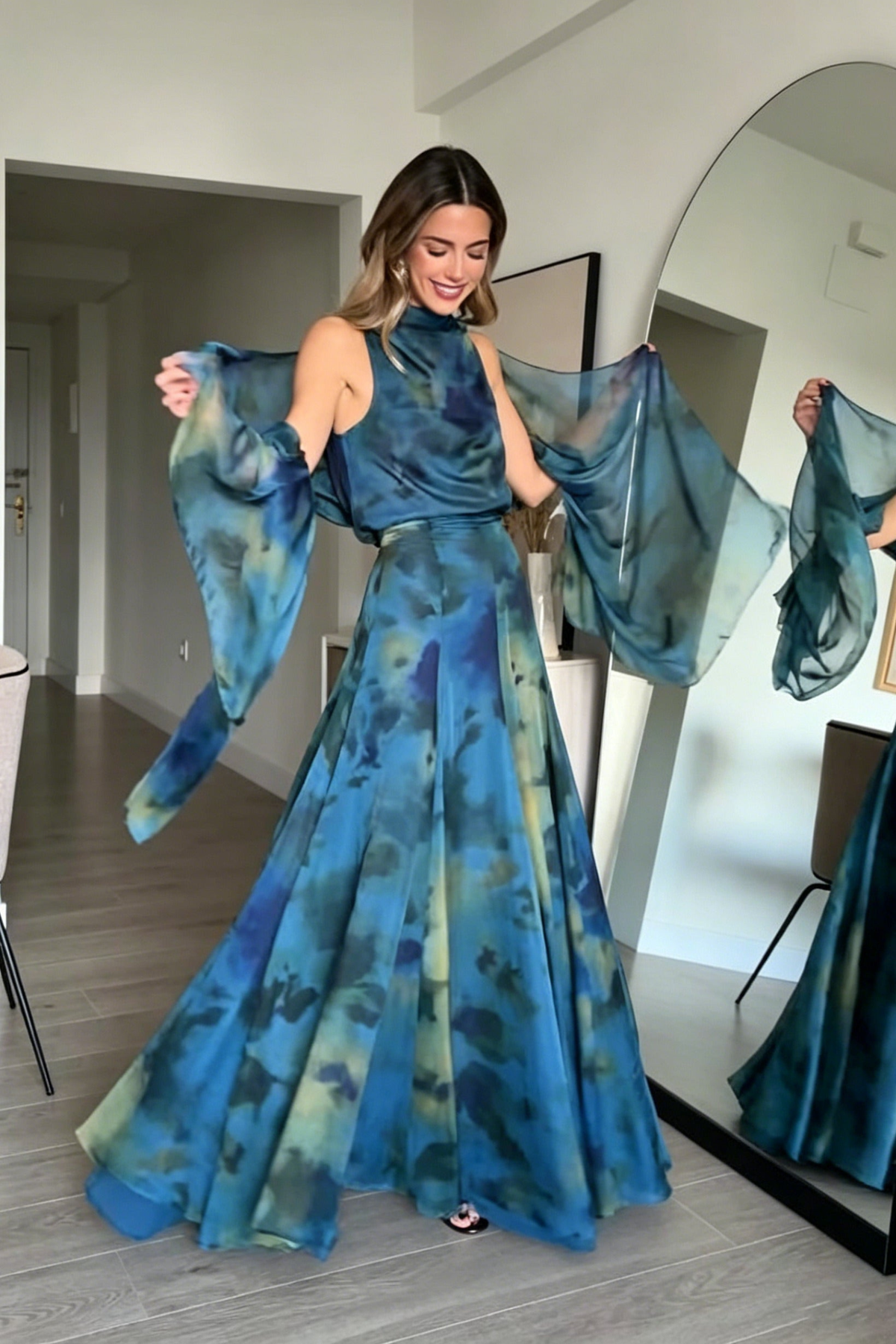 Abstract Draped One Shoulder Skirt Set