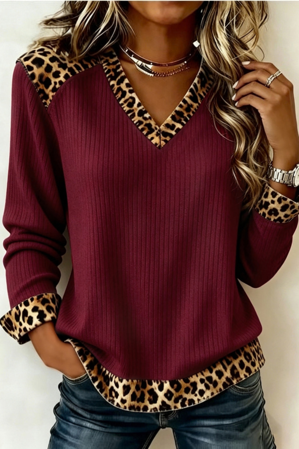 Animal Trim V-Neck Ribbed Top