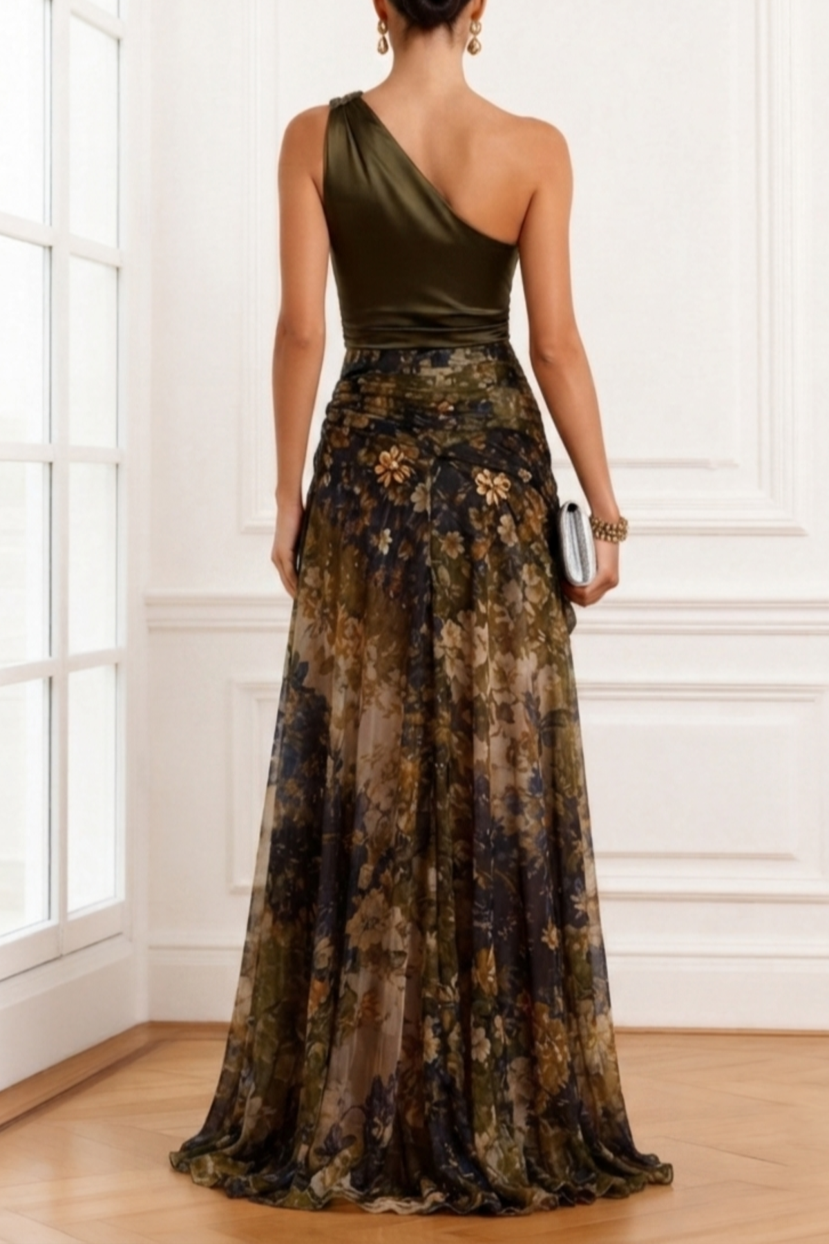 Army Green One Shoulder Slit Gown