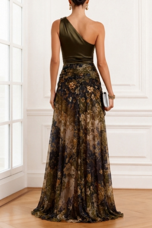 Army Green One Shoulder Slit Gown