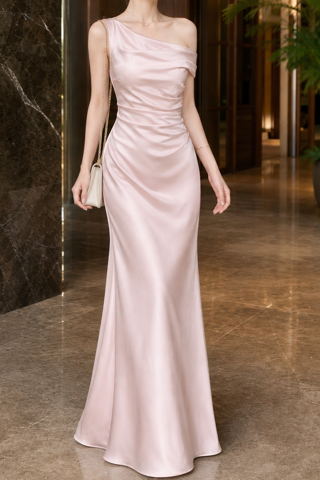 Asymmetric Draped Ruched Waist Maxi Dress