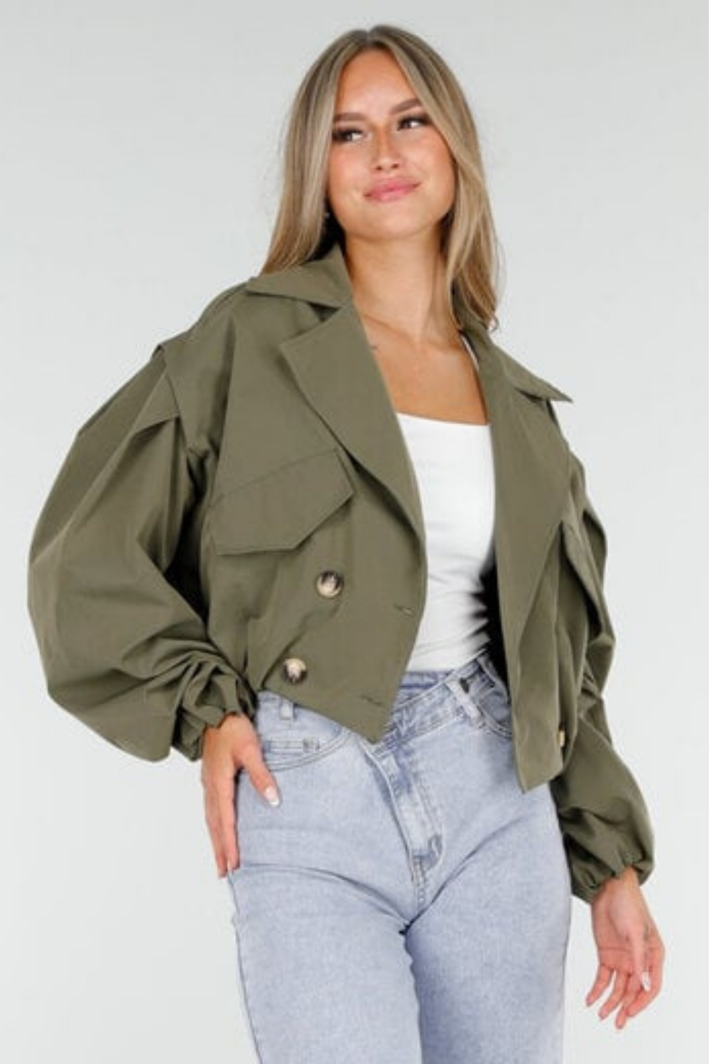 Balloon Sleeve Button Lapel Bomber Jacket
