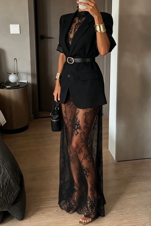 Black Blazer and Floral Lace Maxi Dress Set