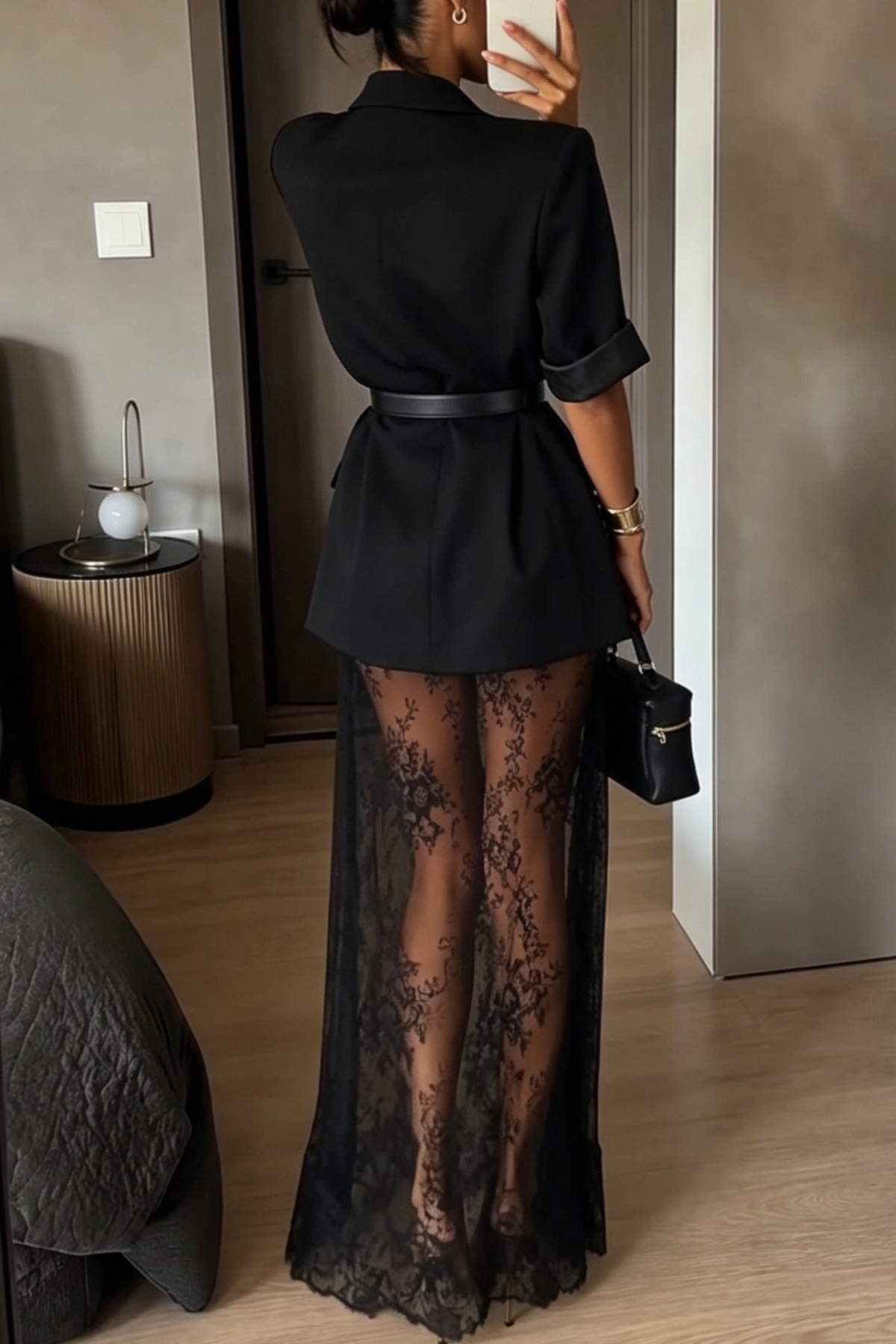 Black Blazer and Floral Lace Maxi Dress Set