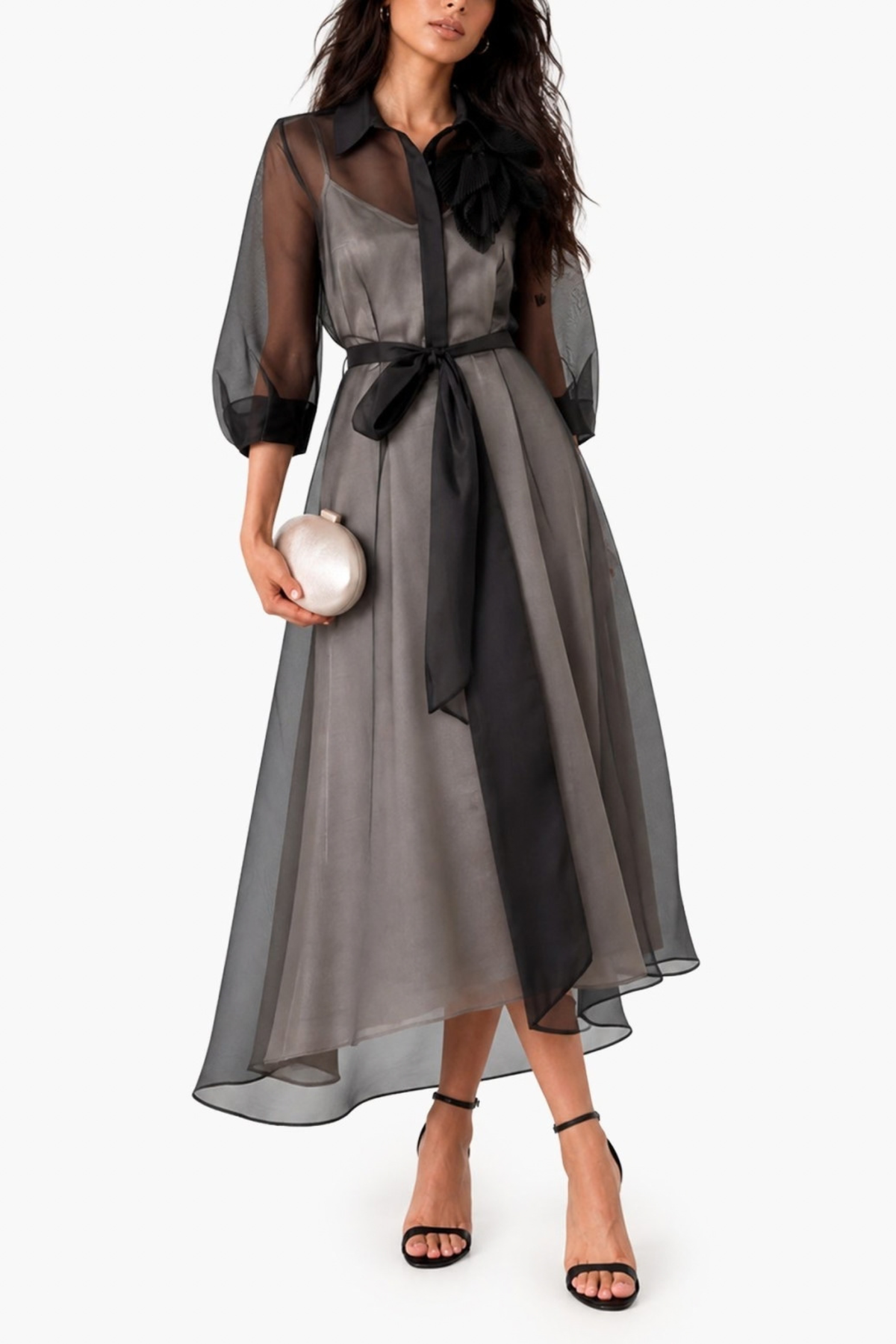 Black Bow Lapel Two Piece Midi Dress