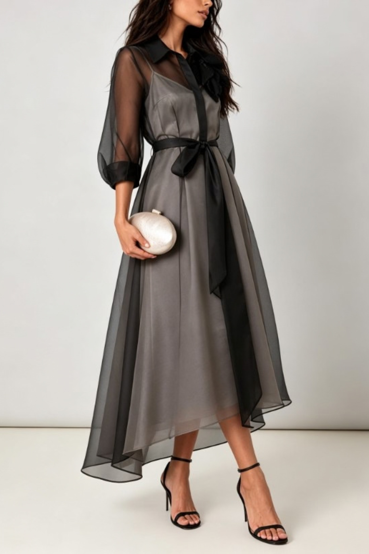 Black Bow Lapel Two Piece Midi Dress