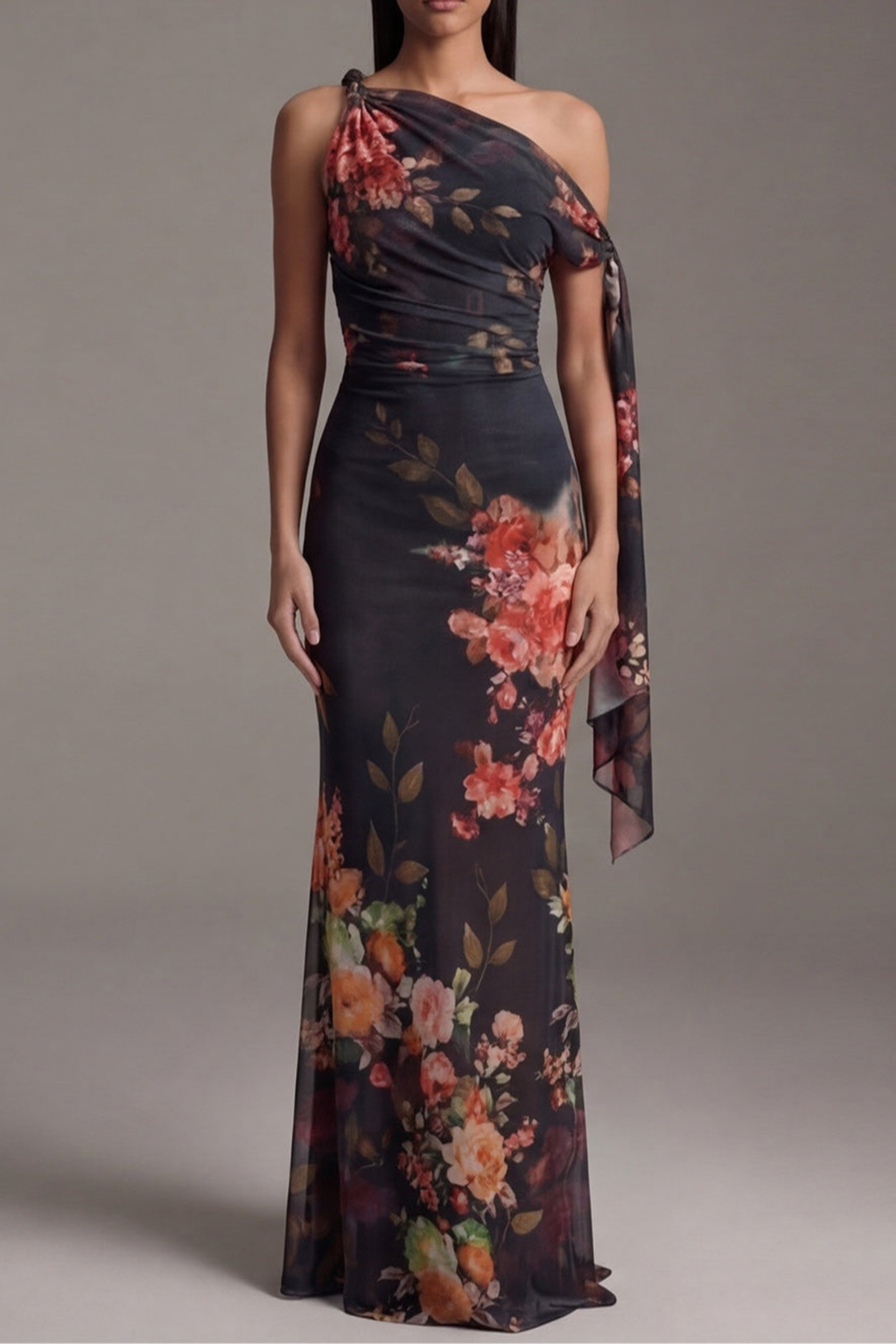 Black Floral Pleated One Shoulder Maxi Dress