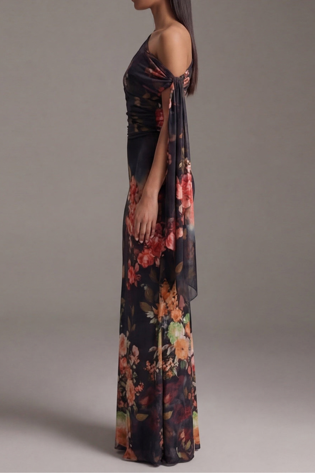 Black Floral Pleated One Shoulder Maxi Dress