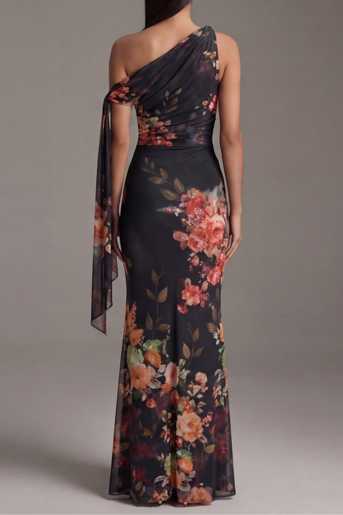 Black Floral Pleated One Shoulder Maxi Dress