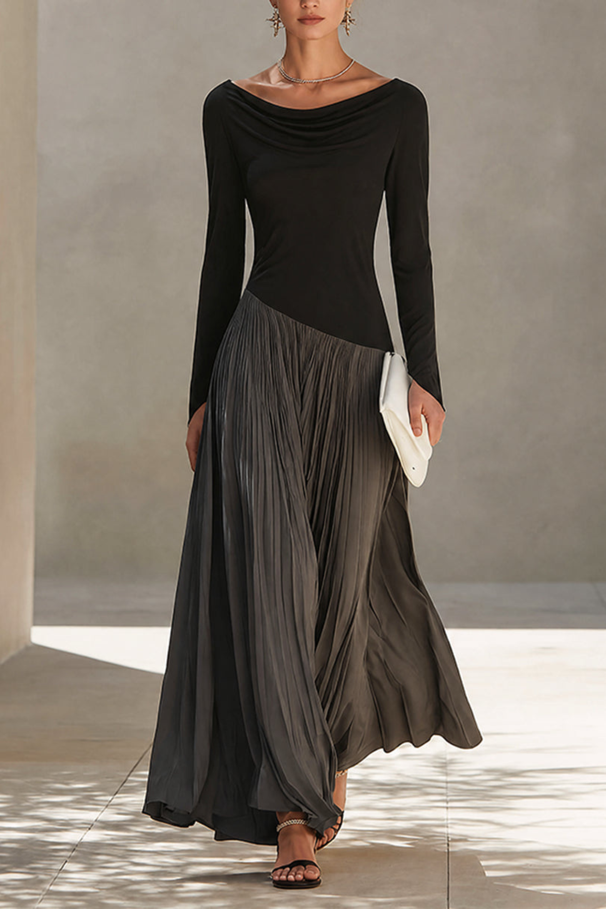Black Gray Draped Pleated Maxi Dress