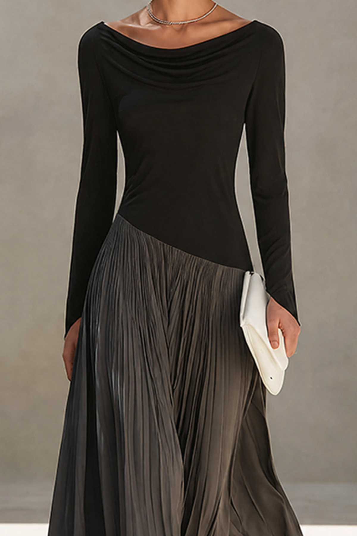 Black Gray Draped Pleated Maxi Dress