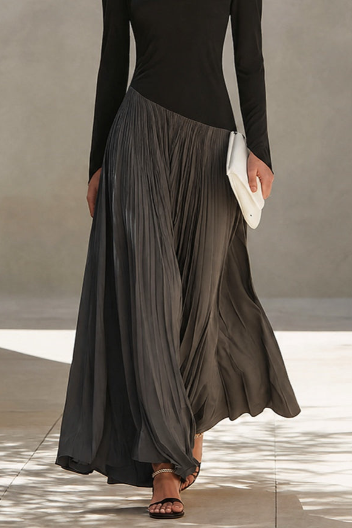 Black Gray Draped Pleated Maxi Dress