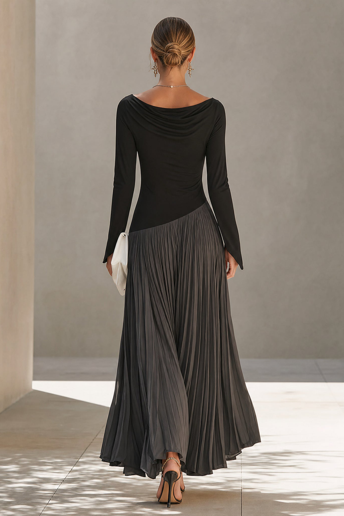 Black Gray Draped Pleated Maxi Dress