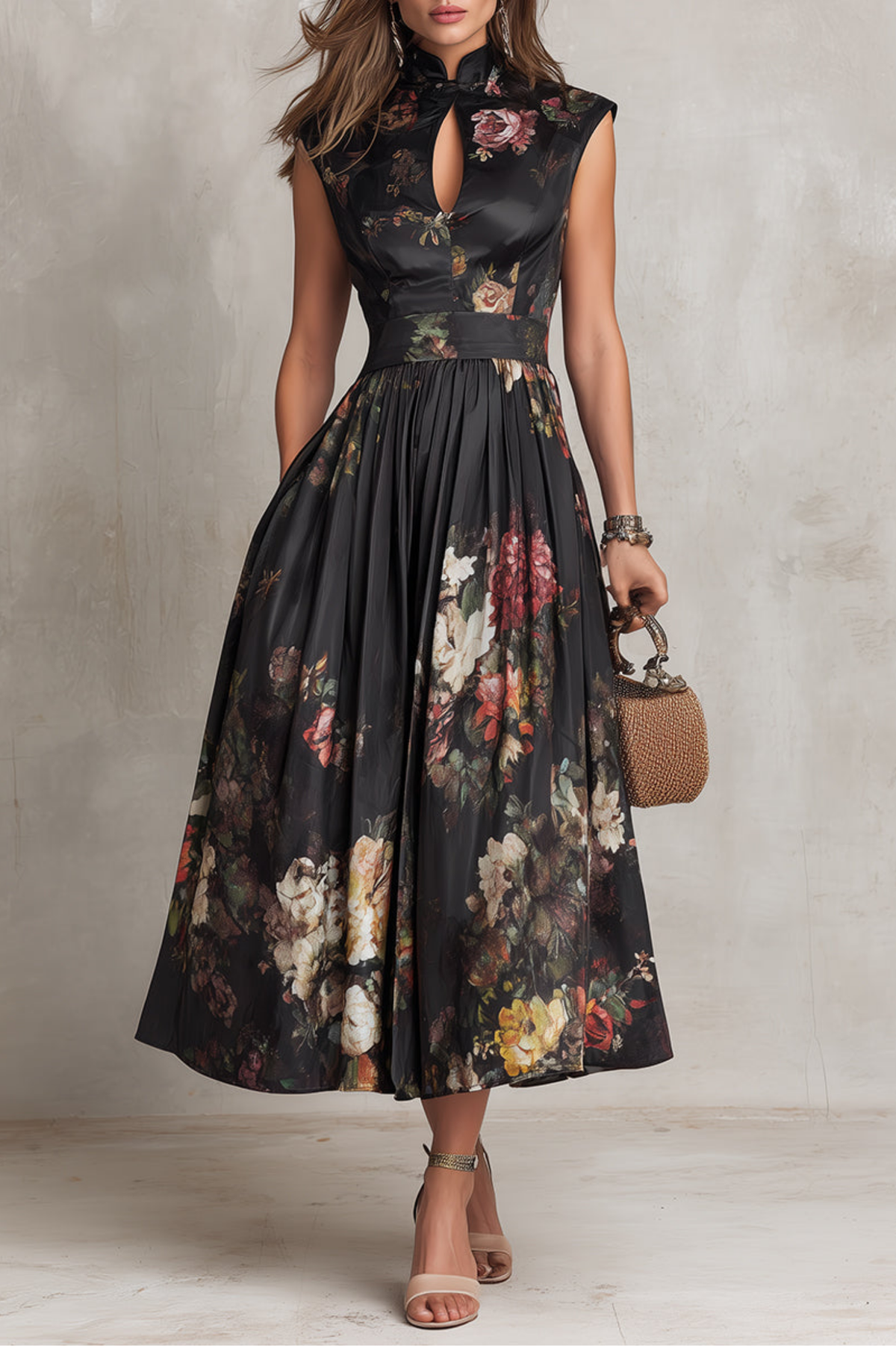 Black Keyhole Collar Pleated Midi Dress