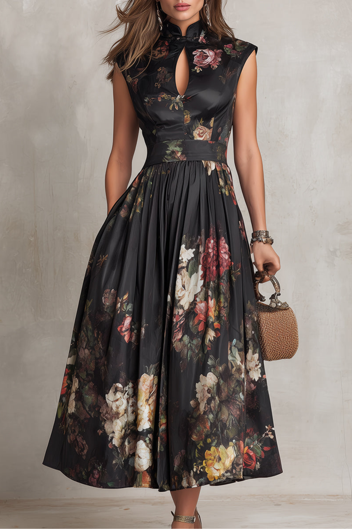 Black Keyhole Collar Pleated Midi Dress