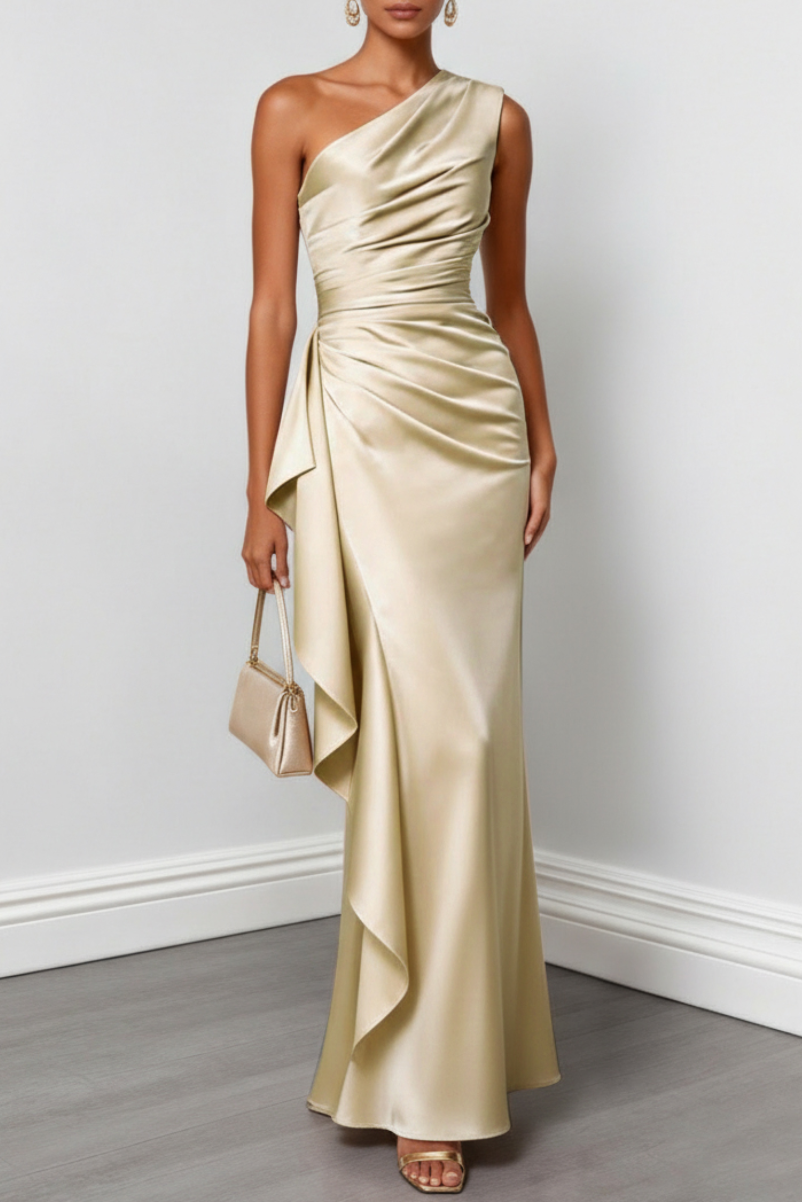 Champagne One Shoulder Ruched Evening Gown