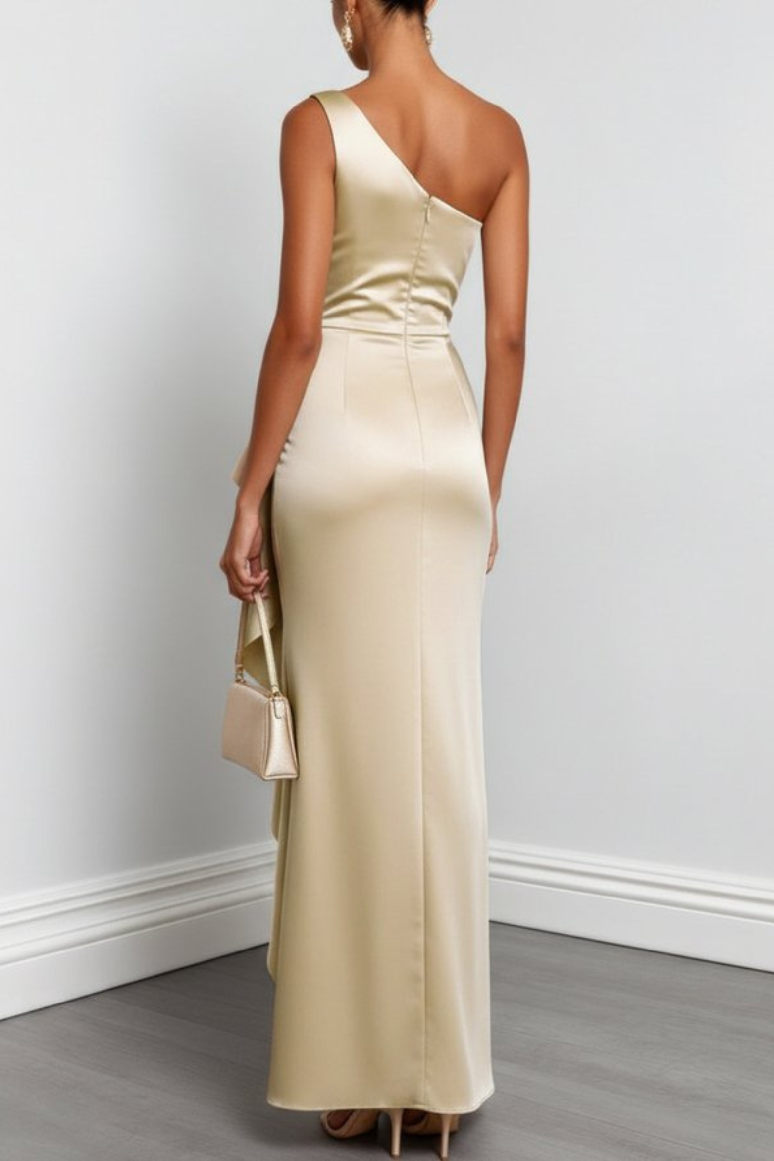Champagne One Shoulder Ruched Evening Gown