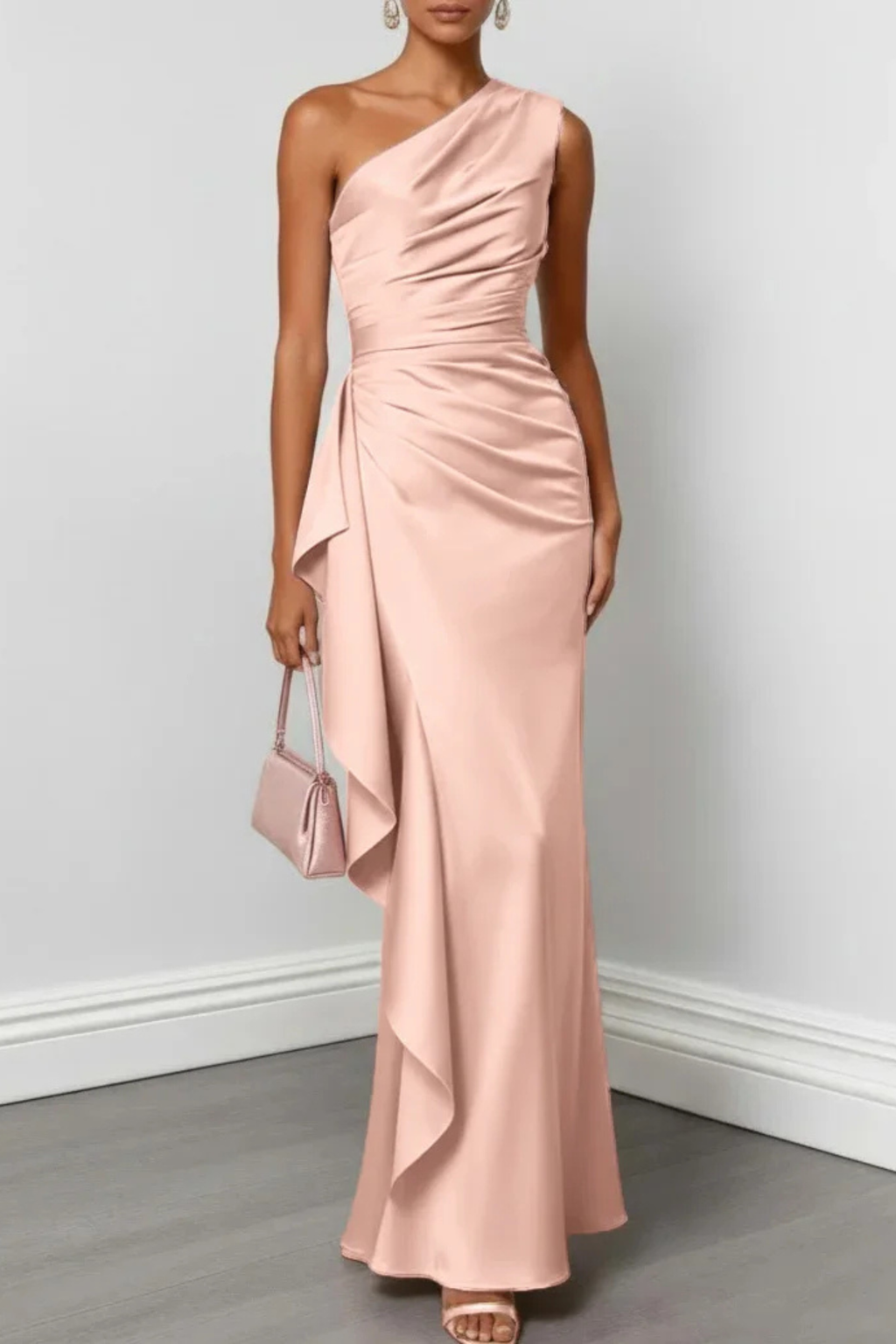 Champagne One Shoulder Ruched Evening Gown
